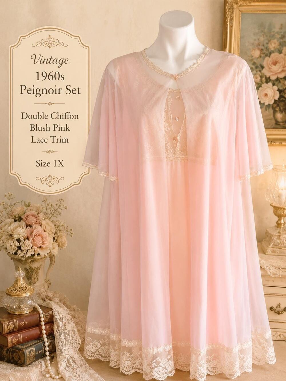 Vintage Gilead 1960s Blush Pink Double Chiffon Lace Peignoir Set Plus Size